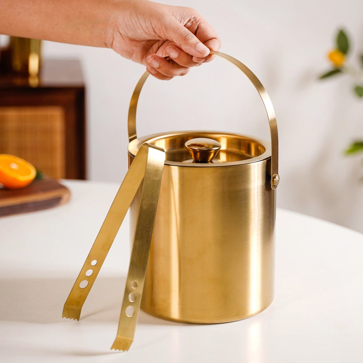 Ice Bucket And Tongs Set With Golden Finish 2000ml Nestasia