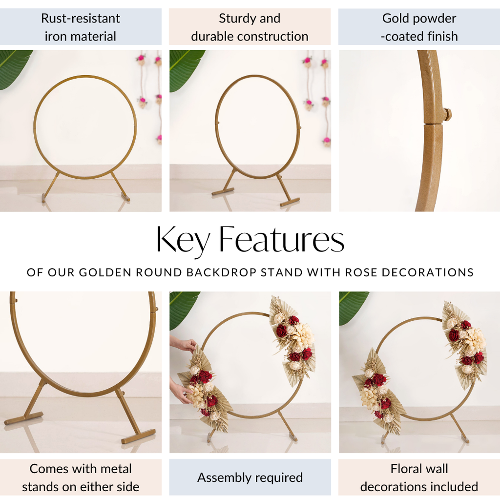 Golden Round Metal Backdrop Stand With Rose Decorations 28 Inch Nestasia