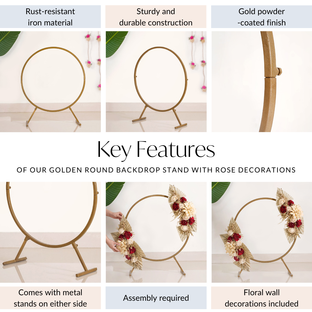 Golden Round Metal Backdrop Stand With Rose Decorations 28 Inch Nestasia