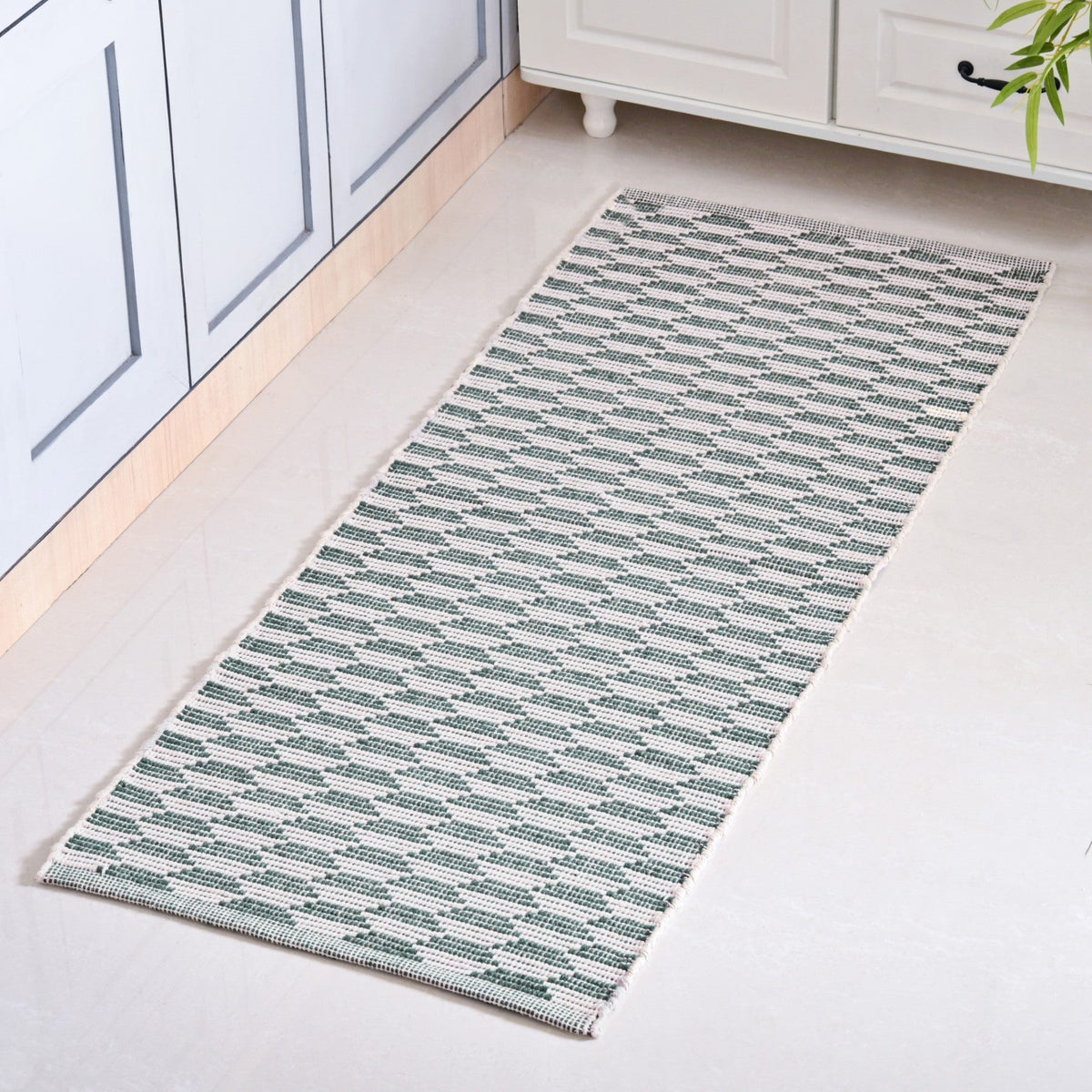 Green Boho White Floor Runner Cotton Mat 130x50cm Nestasia