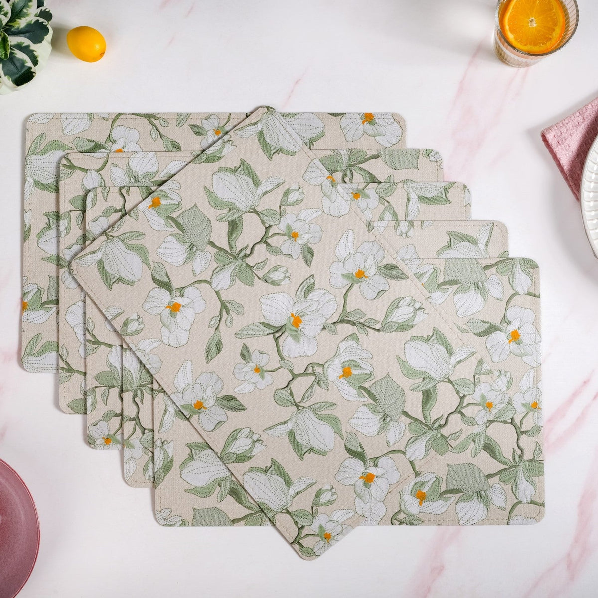 Rectangular Green Poppy Printed Placemats Set Of 6 Nestasia