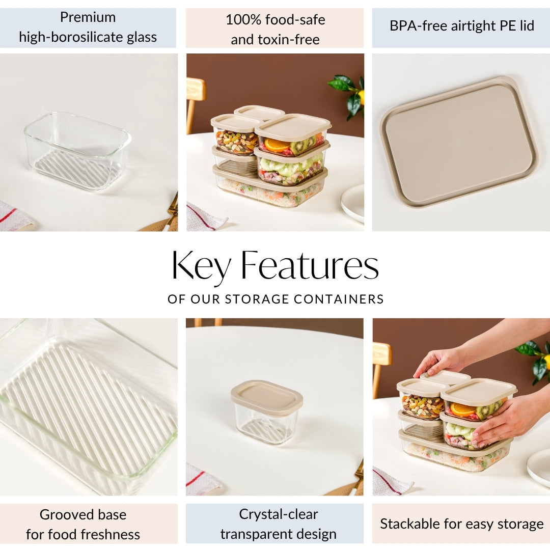 Groovo Stackable Glass Food Storage Container Set Of 6 S 310ml M 520ml L 750ml XL 1200ml Nestasia
