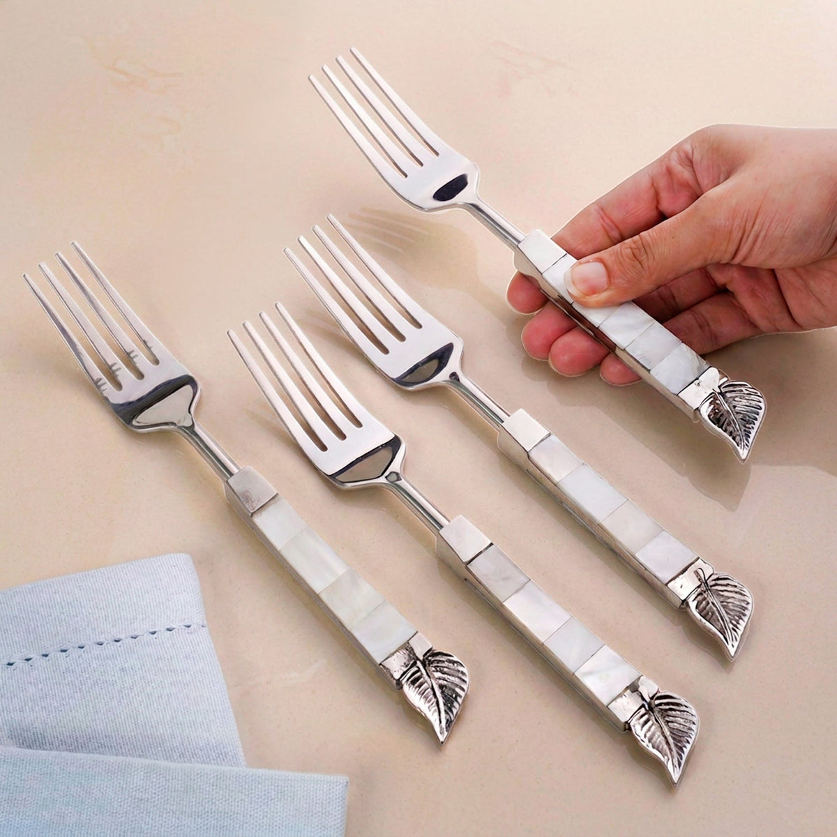 Leaf Design Mother Of Pearl Dinner Fork Set Of 4 Nestasia