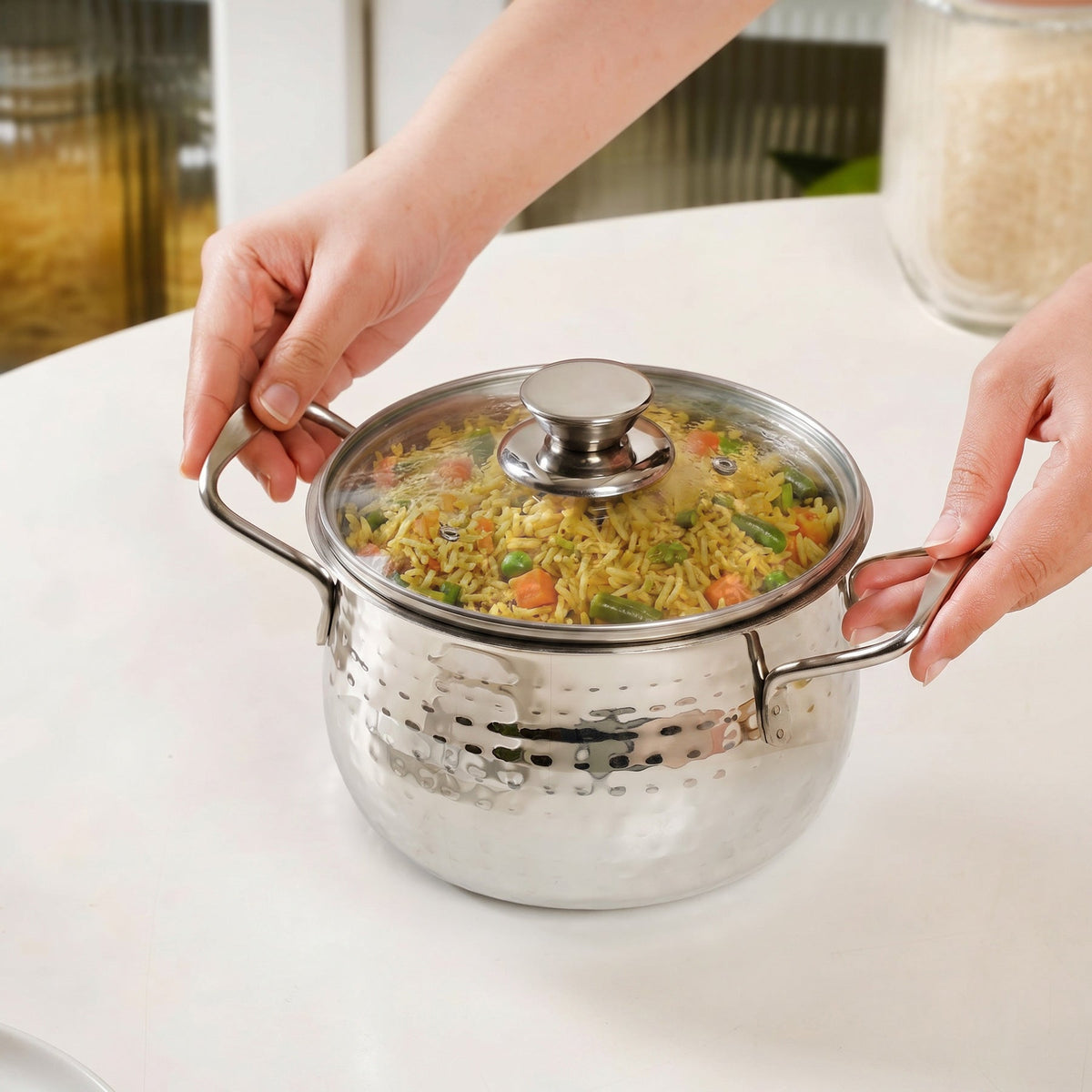 Steel Hammered Serving Handi With Glass Lid 1250ml Nestasia