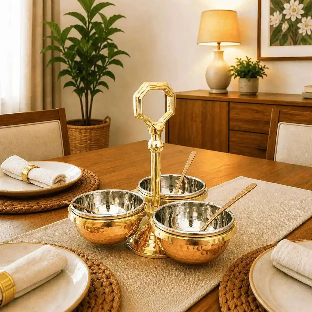 Brass Copper And Steel Pickle And Condiment Serving Set With Spoons (7 Inch) Vedansh Craft