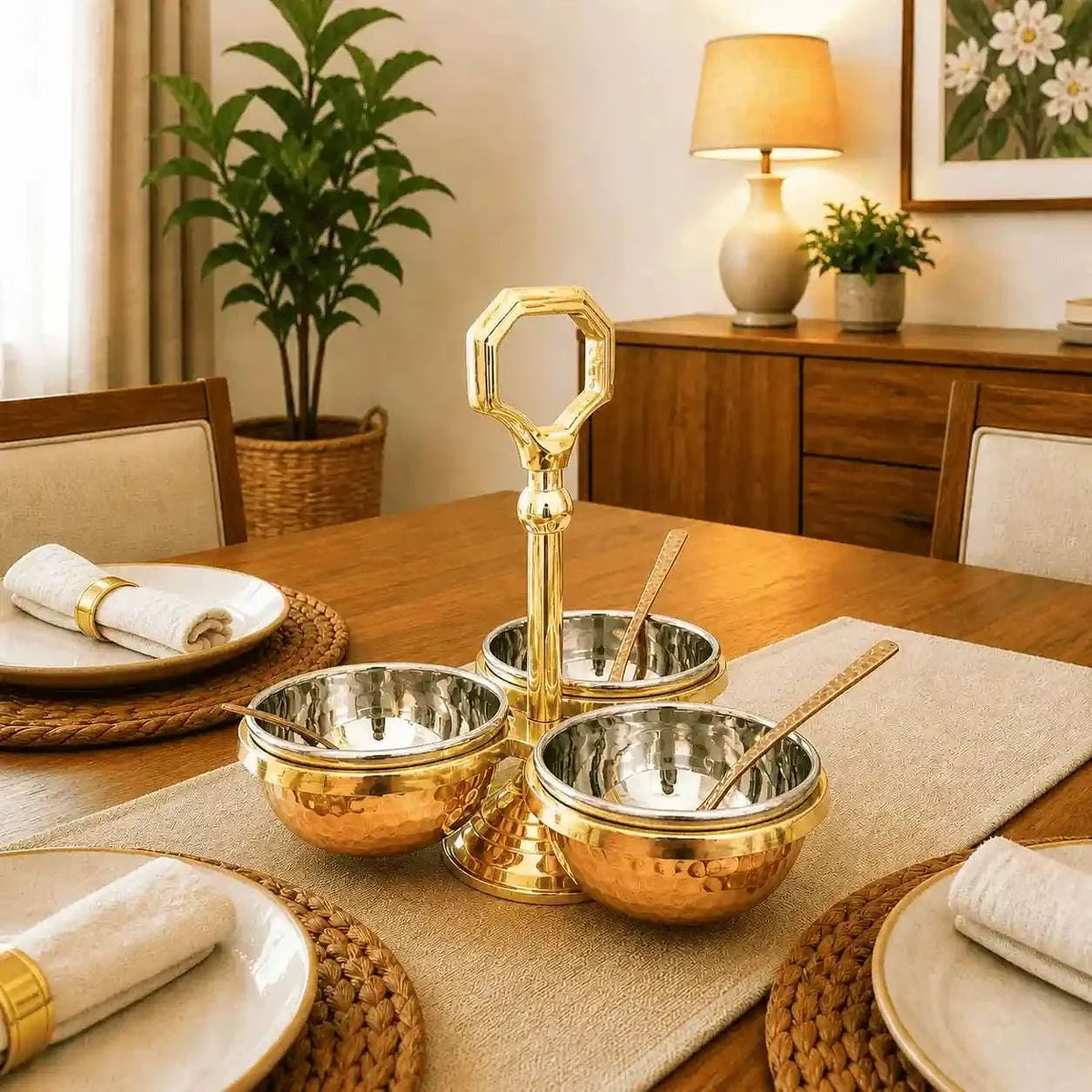 Brass Copper And Steel Pickle And Condiment Serving Set With Spoons (7 Inch) Vedansh Craft