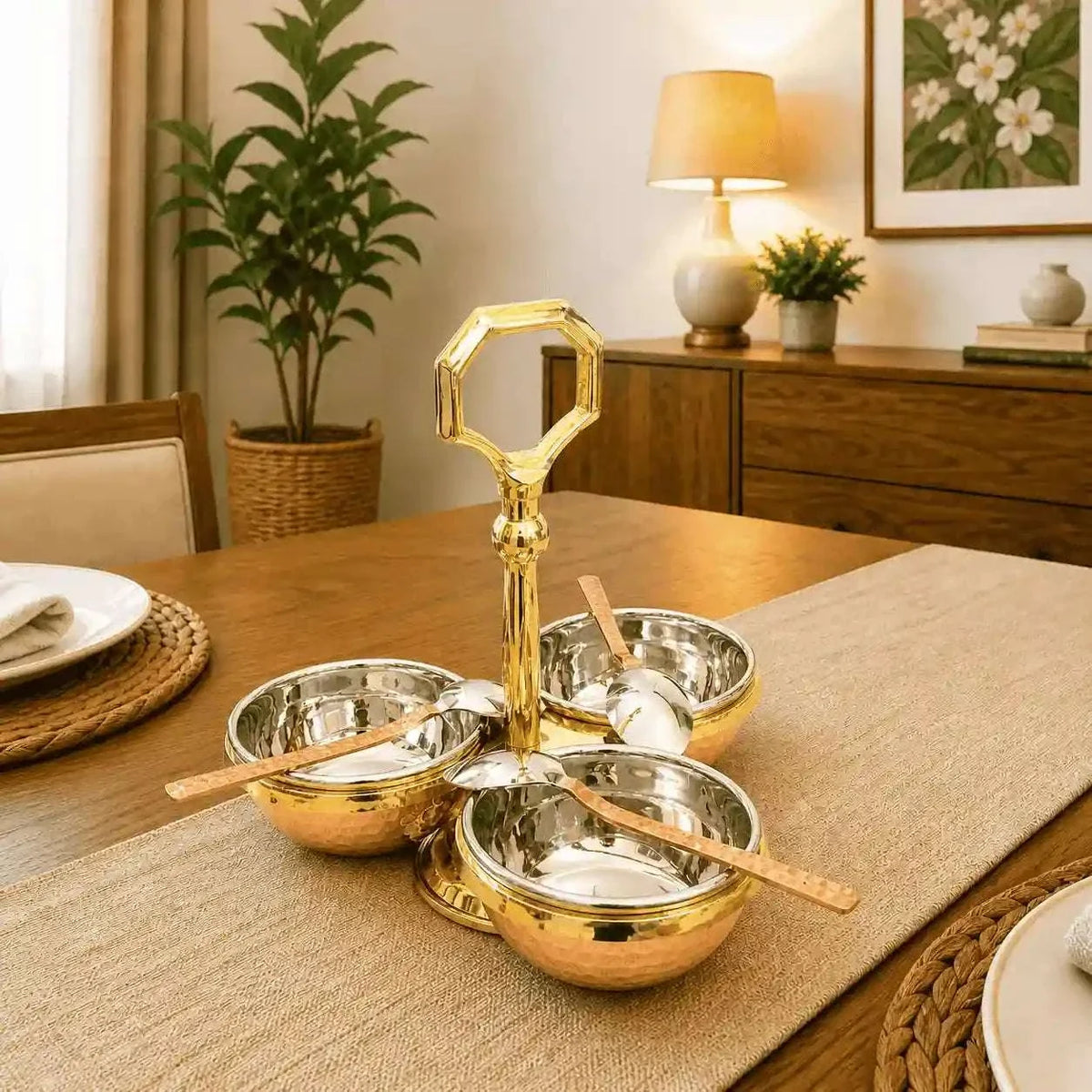 Brass Copper And Steel Pickle And Condiment Serving Set With Spoons (7 Inch) Vedansh Craft