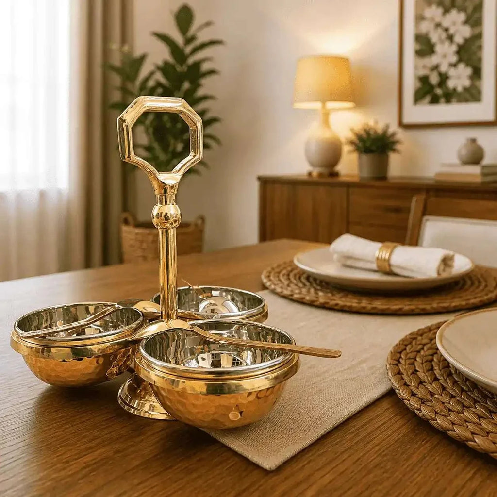 Brass Copper And Steel Pickle And Condiment Serving Set With Spoons (7 Inch) Vedansh Craft