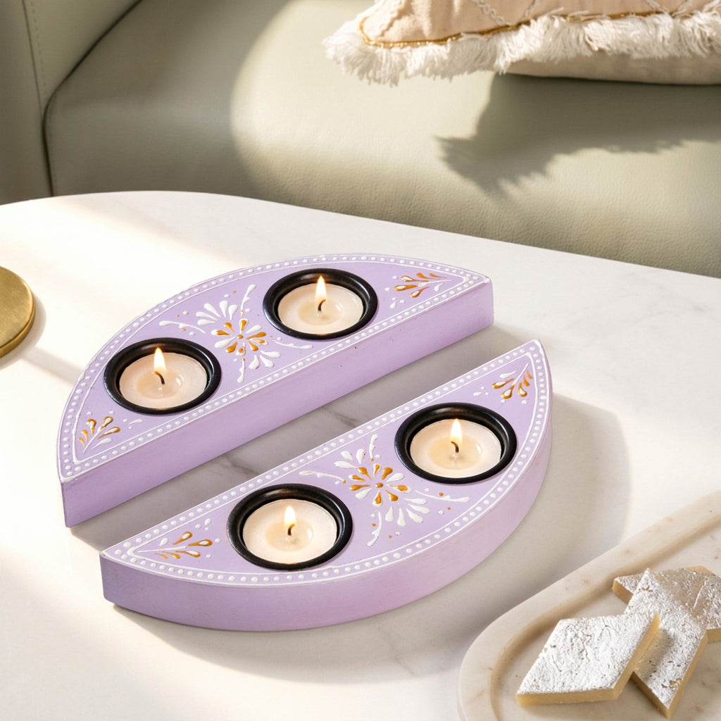 Handpainted Linea Wooden Tealight Holder With Candles Lavender Set Of 2 Nestasia