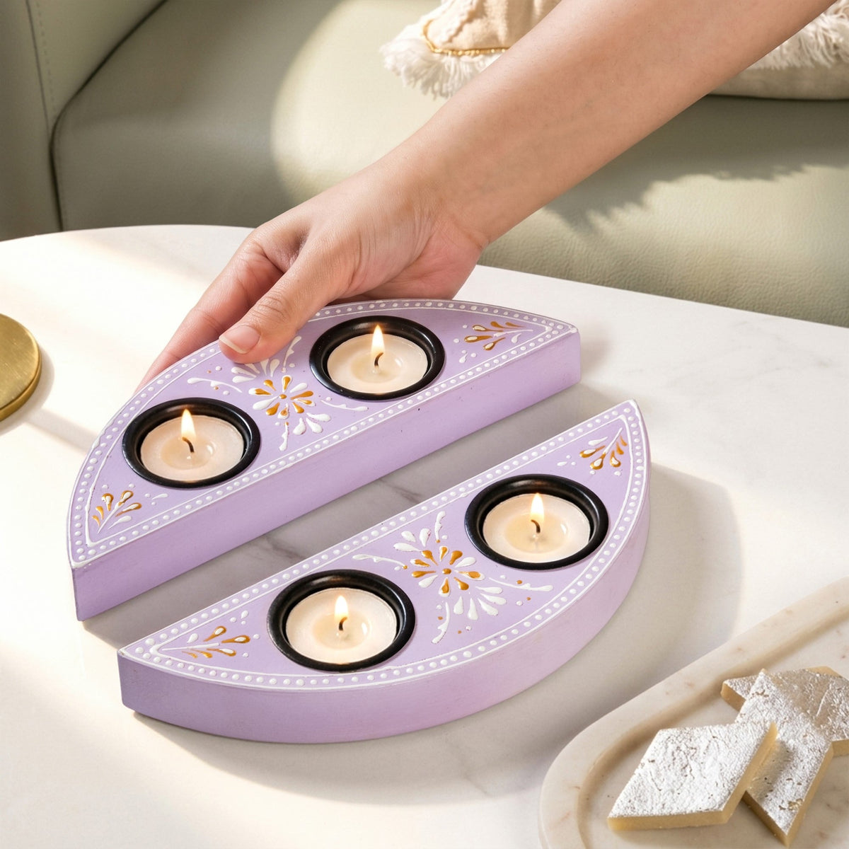 Handpainted Linea Wooden Tealight Holder With Candles Lavender Set Of 2 Nestasia