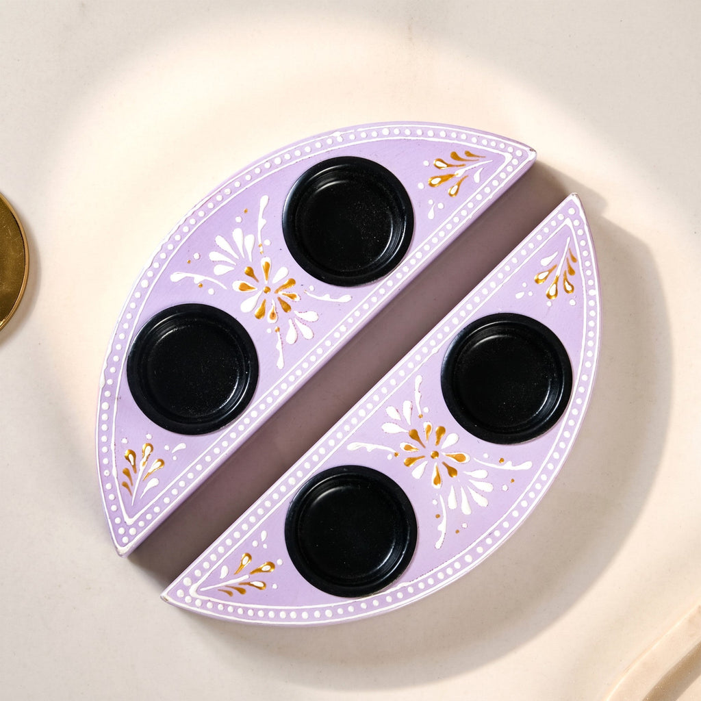 Handpainted Linea Wooden Tealight Holder With Candles Lavender Set Of 2 Nestasia