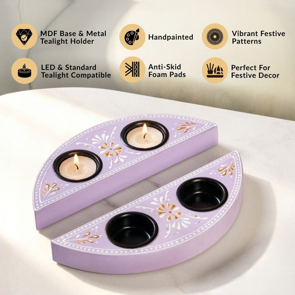 Handpainted Linea Wooden Tealight Holder With Candles Lavender Set Of 2 Nestasia