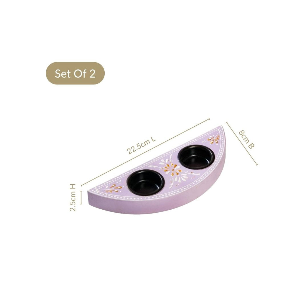 Handpainted Linea Wooden Tealight Holder With Candles Lavender Set Of 2 Nestasia