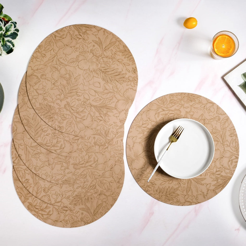 Beige Embossed Hibiscus Round Placemats Set Of 6 Nestasia