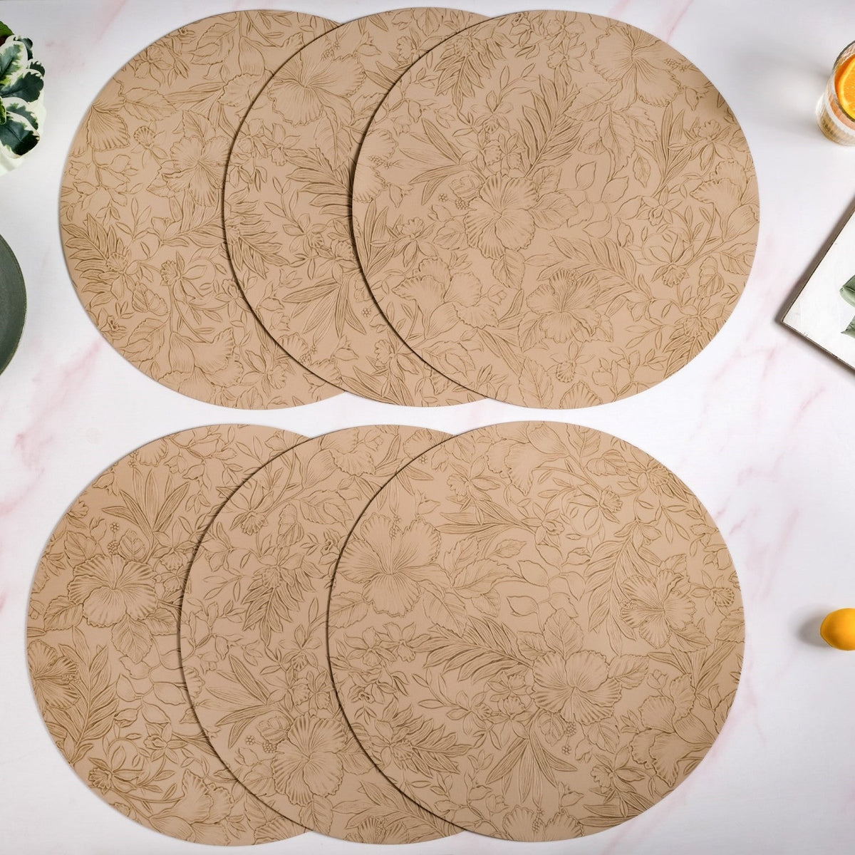 Beige Embossed Hibiscus Round Placemats Set Of 6 Nestasia