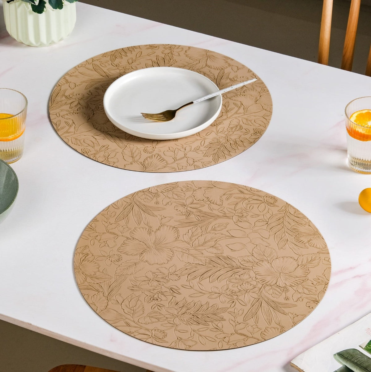 Beige Embossed Hibiscus Round Placemats Set Of 6 Nestasia