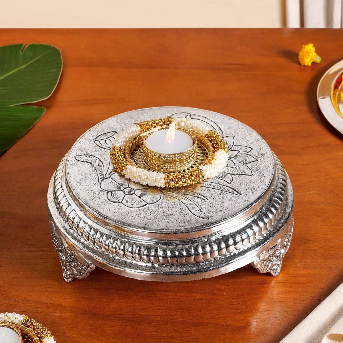 Hibiscus Brass Pooja Chowki With Silver Polish 22x8cm Nestasia