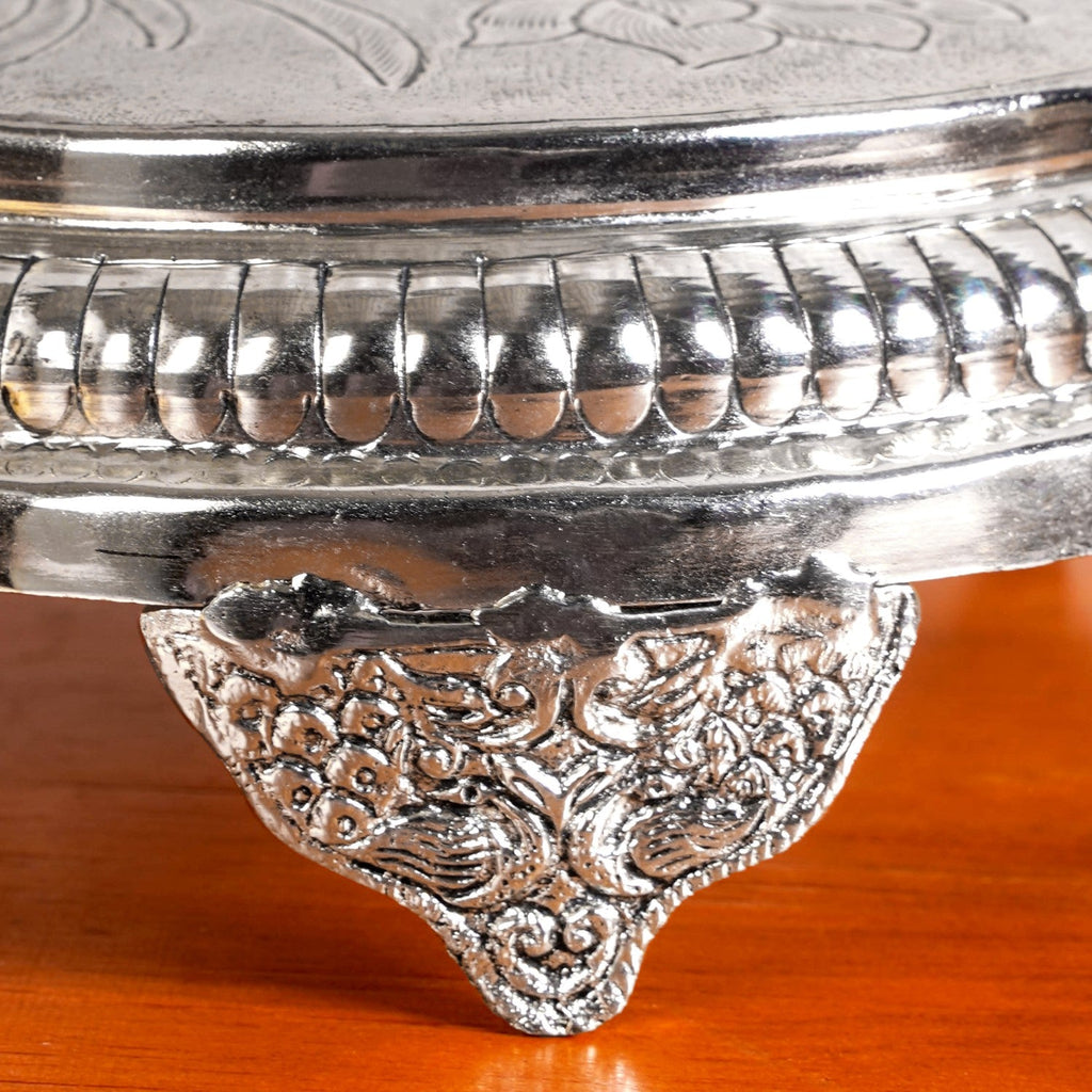 Hibiscus Brass Pooja Chowki With Silver Polish 22x8cm Nestasia