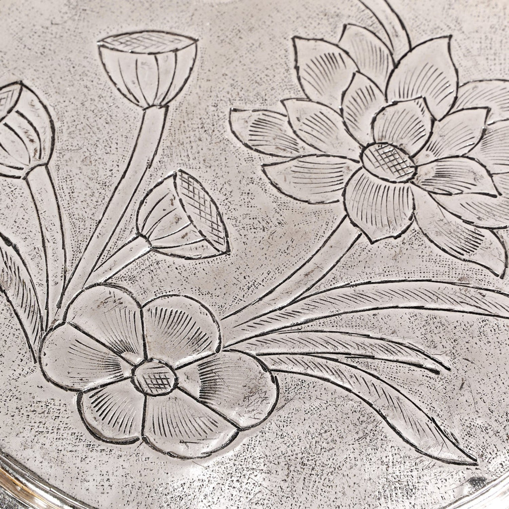 Hibiscus Brass Pooja Chowki With Silver Polish 22x8cm Nestasia