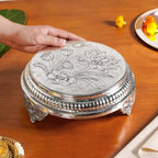 Hibiscus Brass Pooja Chowki With Silver Polish 22x8cm Nestasia