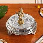 Hibiscus Brass Pooja Chowki With Silver Polish 22x8cm Nestasia
