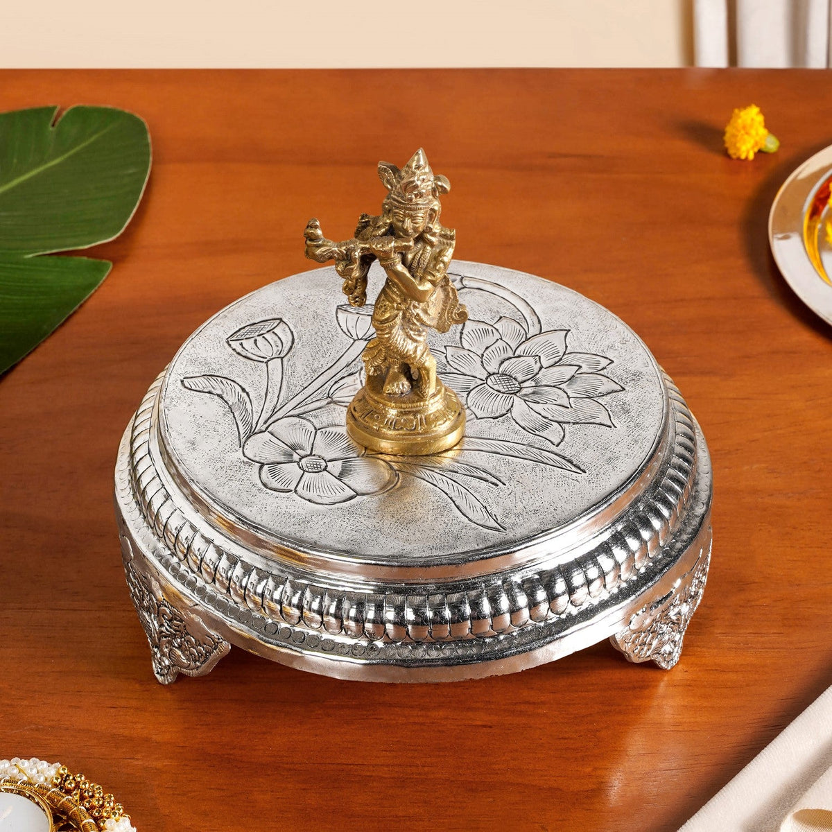 Hibiscus Brass Pooja Chowki With Silver Polish 22x8cm Nestasia