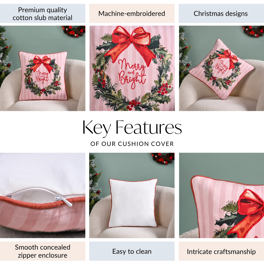 Holiday Wreath Embroidered Christmas Cushion Cover 40x40cm Nestasia