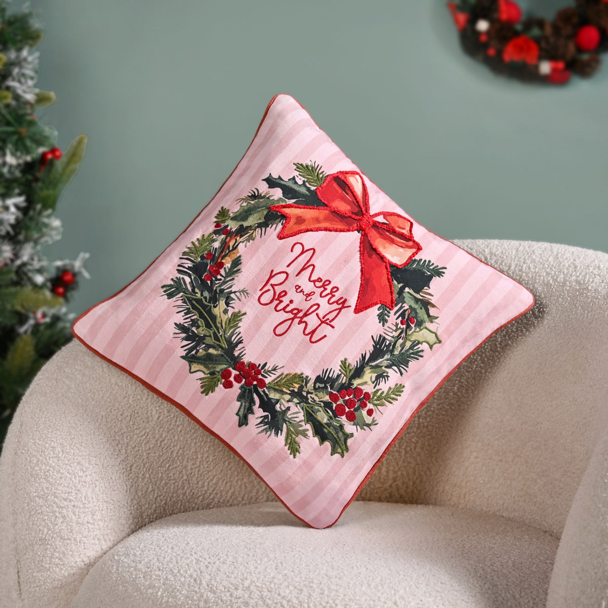 Holiday Wreath Embroidered Christmas Cushion Cover 40x40cm Nestasia