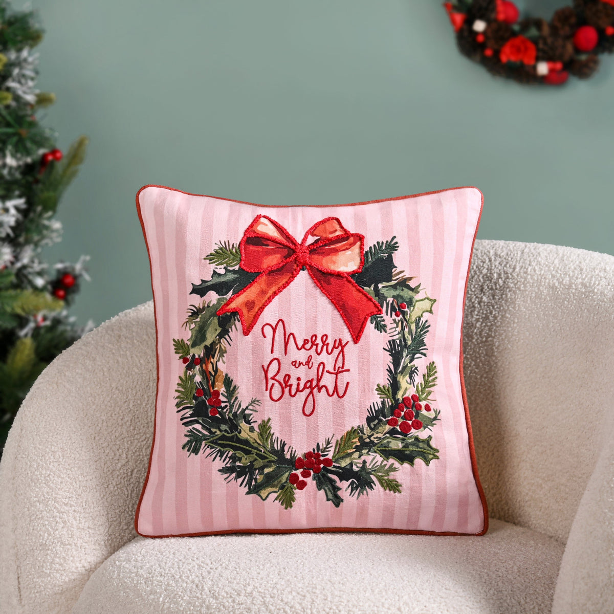 Holiday Wreath Embroidered Christmas Cushion Cover 40x40cm Nestasia