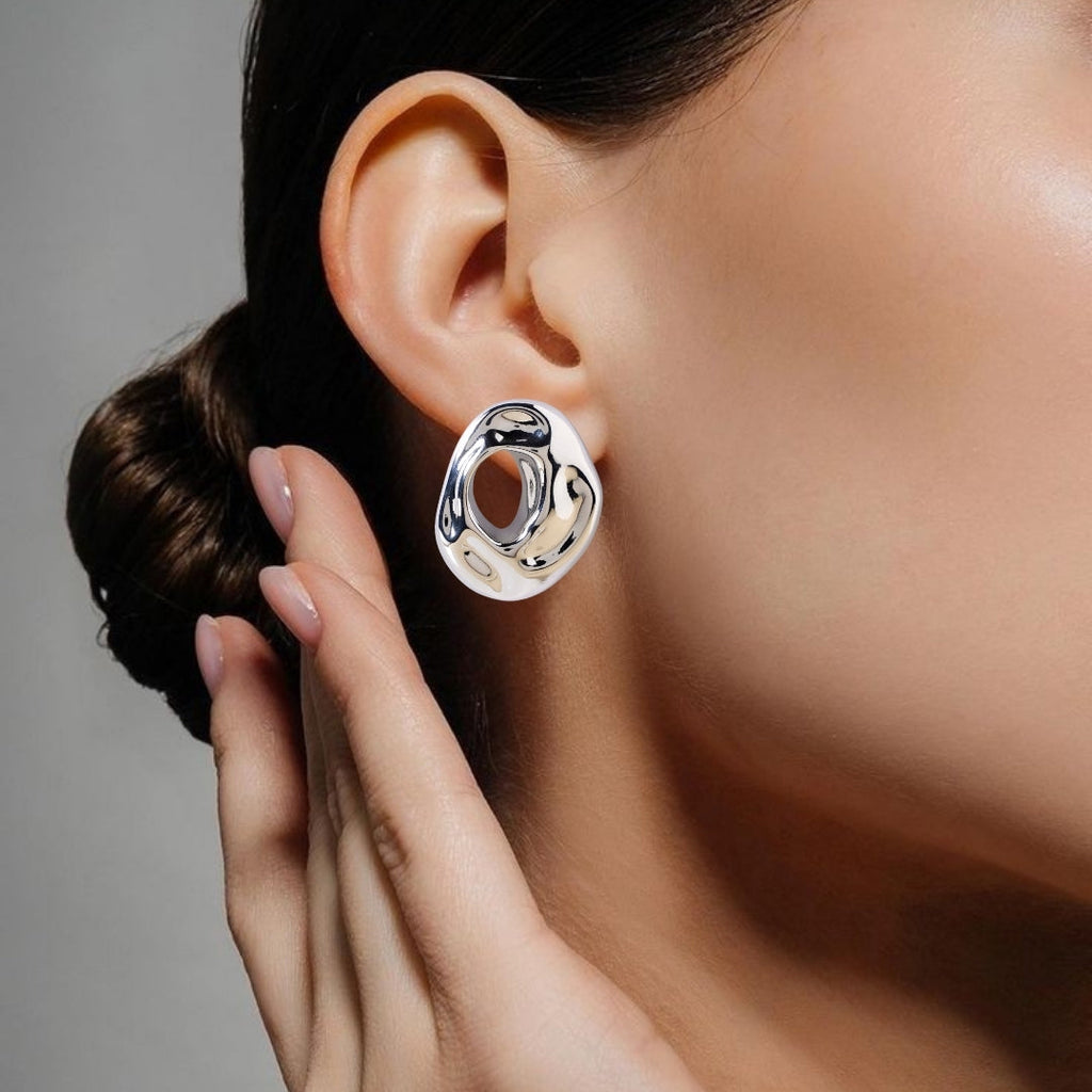 Fluid Hollow Oval Silver Statement Earrings Nestasia
