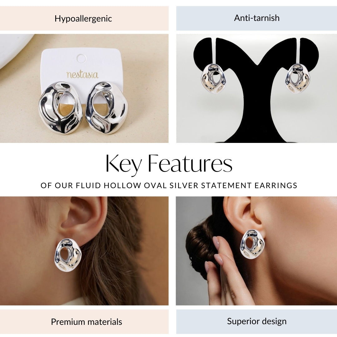 Fluid Hollow Oval Silver Statement Earrings Nestasia