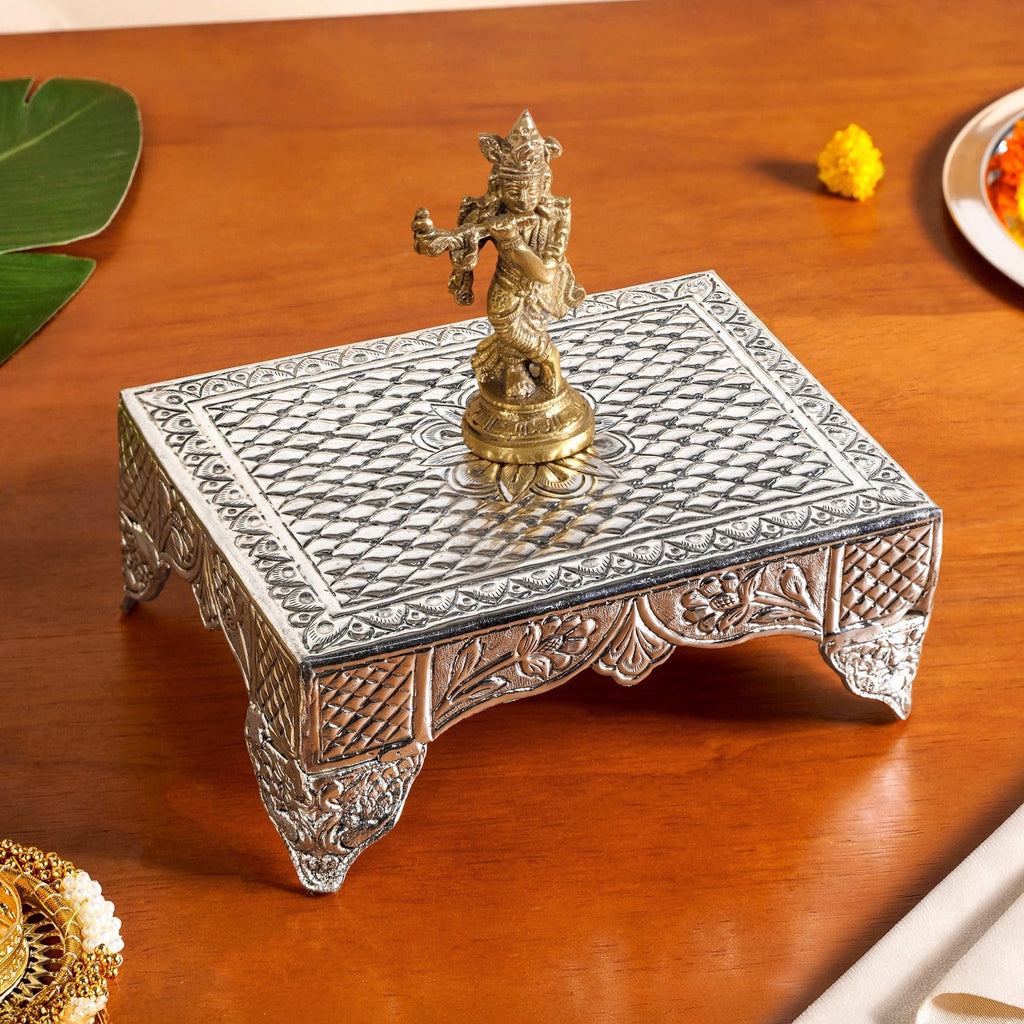 Lotus Design Pure Brass Puja Chowki With Silver Polish 20x15cm Nestasia