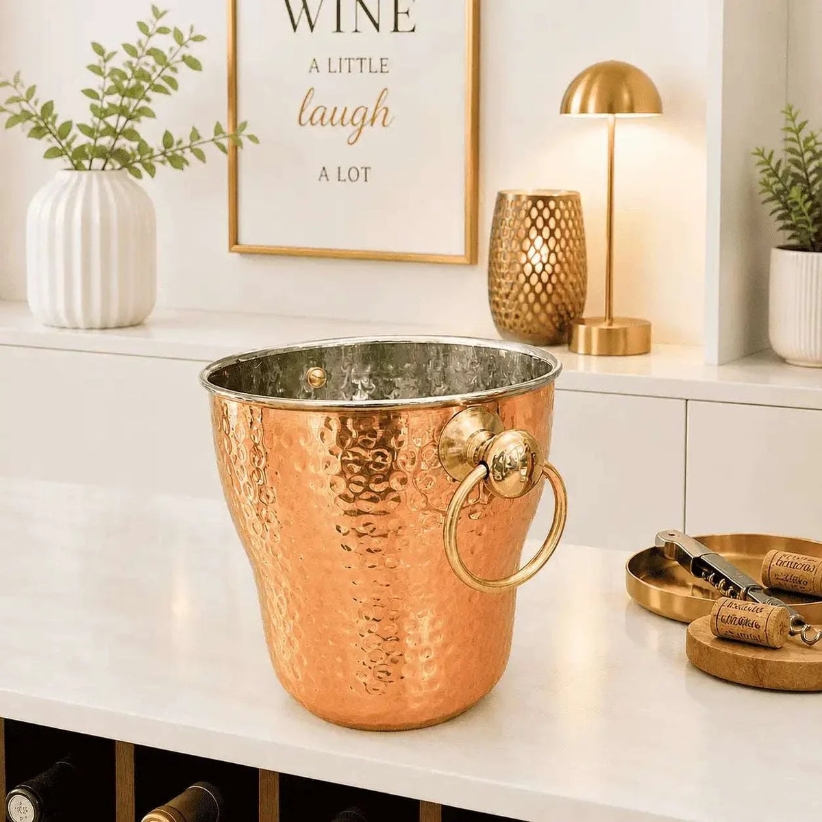 Copper And Steel Hammered Ice Bucket With Handle (6 inch) Vedansh Craft