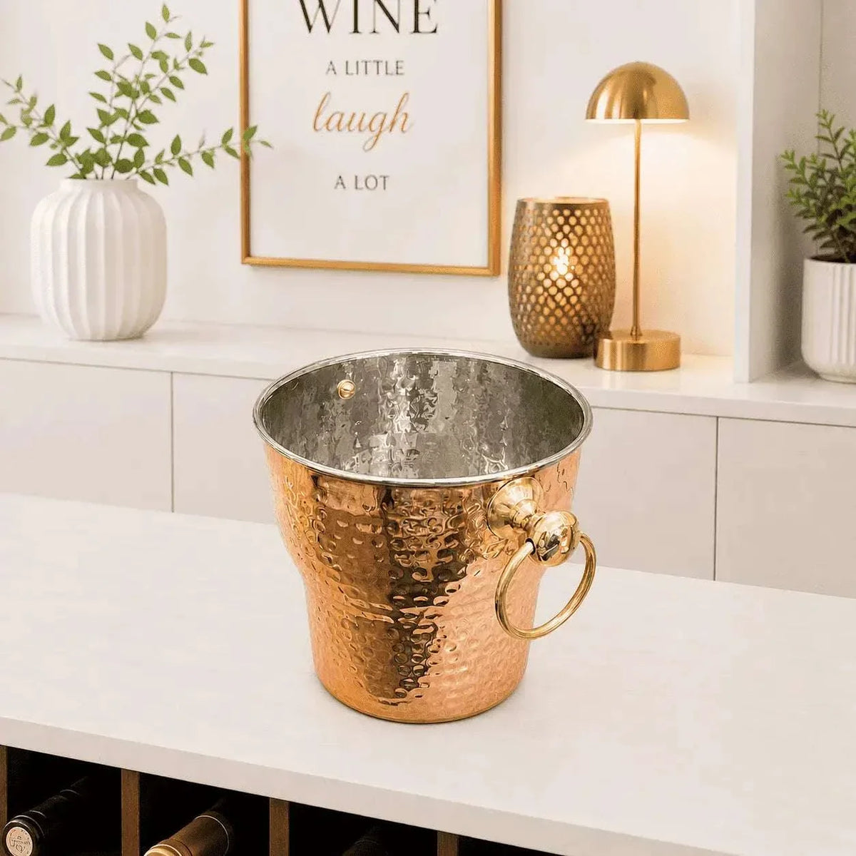 Copper And Steel Hammered Ice Bucket With Handle (6 inch) Vedansh Craft