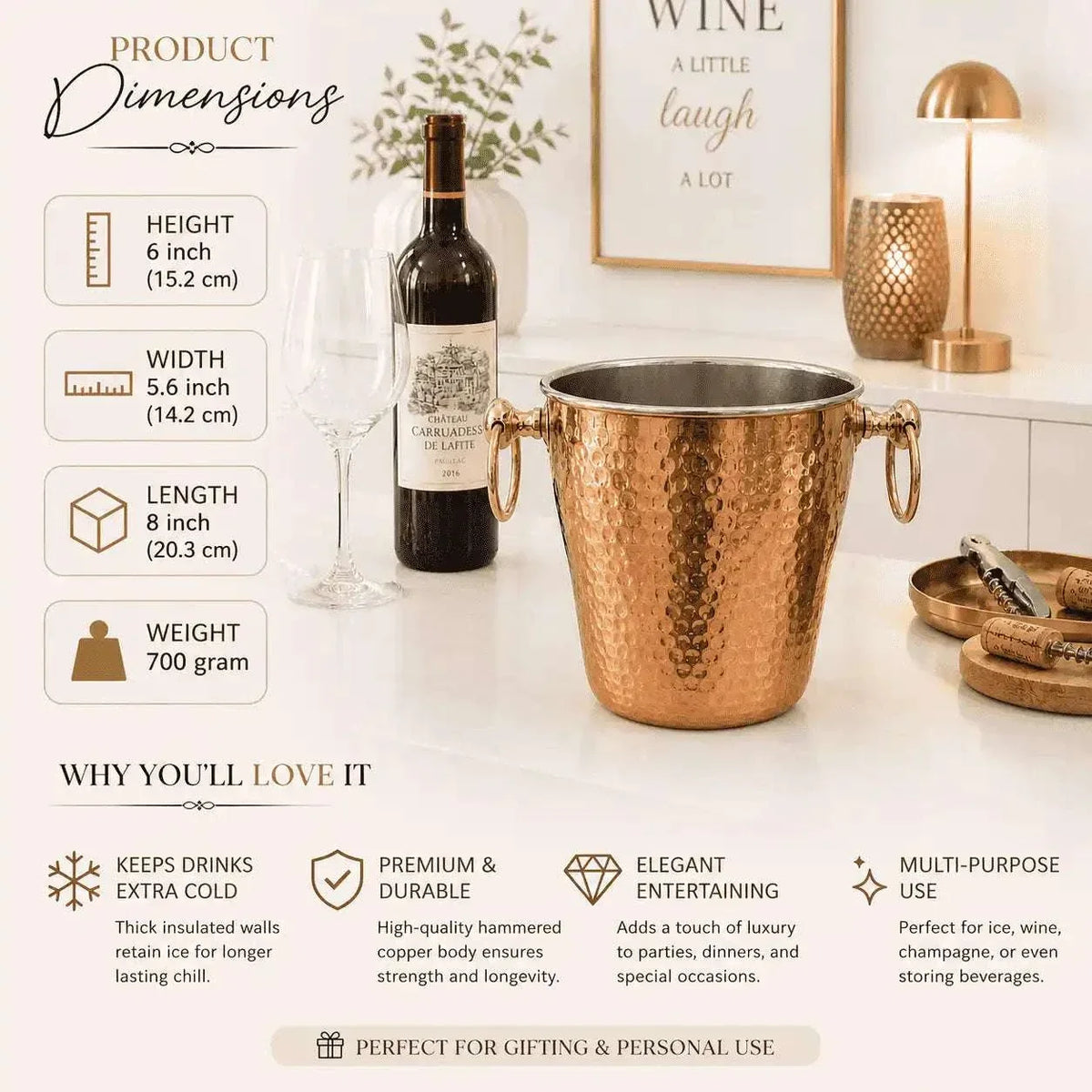 Copper And Steel Hammered Ice Bucket With Handle (6 inch) Vedansh Craft