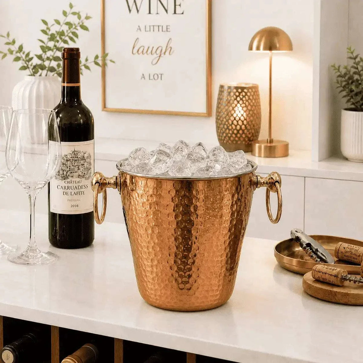 Copper And Steel Hammered Ice Bucket With Handle (6 inch) Vedansh Craft