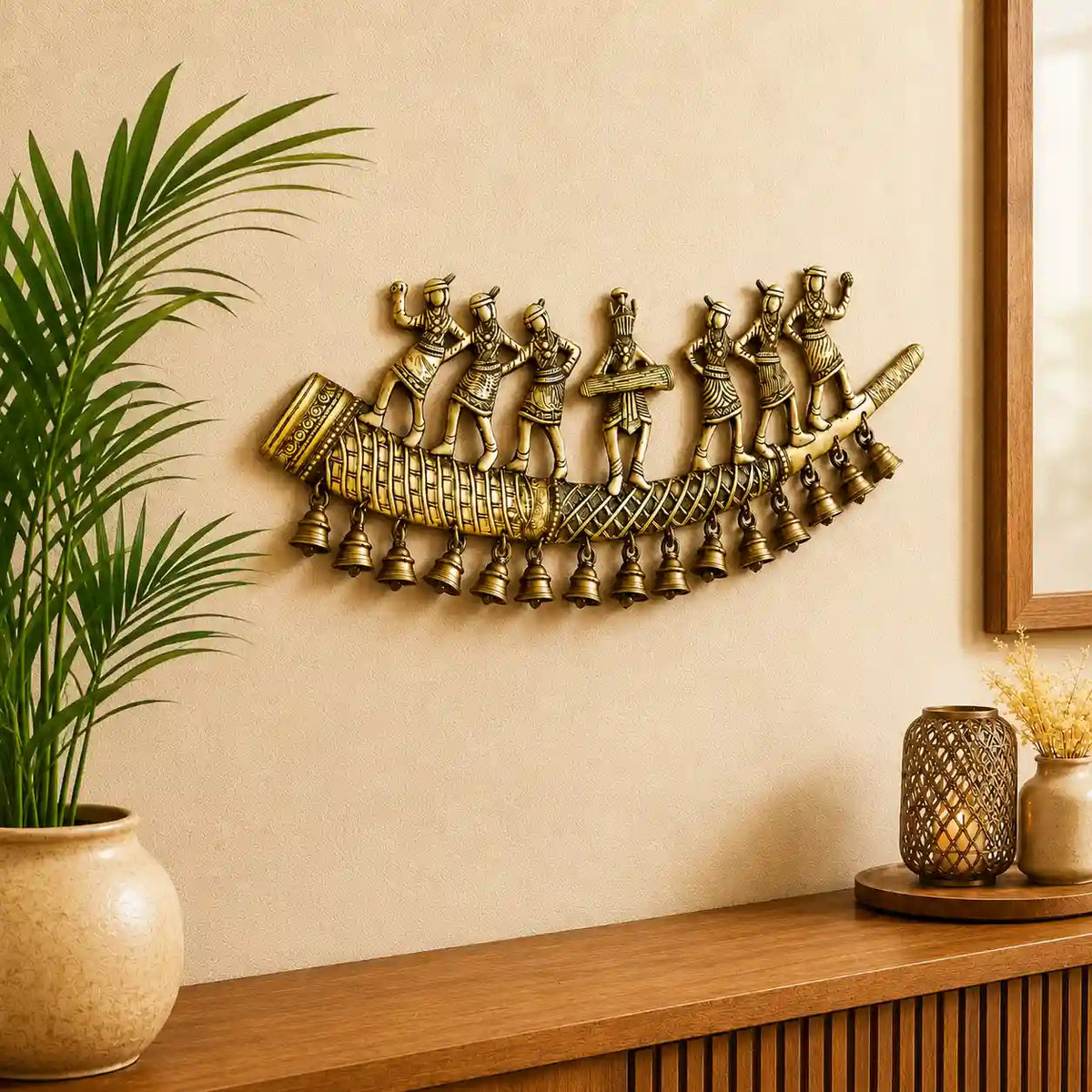 Brass Tribal Folk Dancers On Shehnai With Bell Wall Hanging (8 Inch) Vedansh Craft