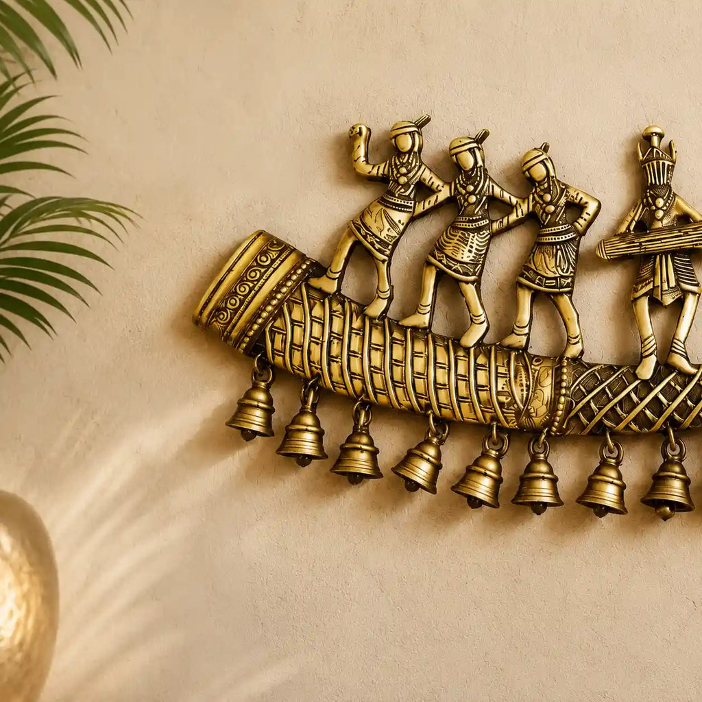 Brass Tribal Folk Dancers On Shehnai With Bell Wall Hanging (8 Inch) Vedansh Craft
