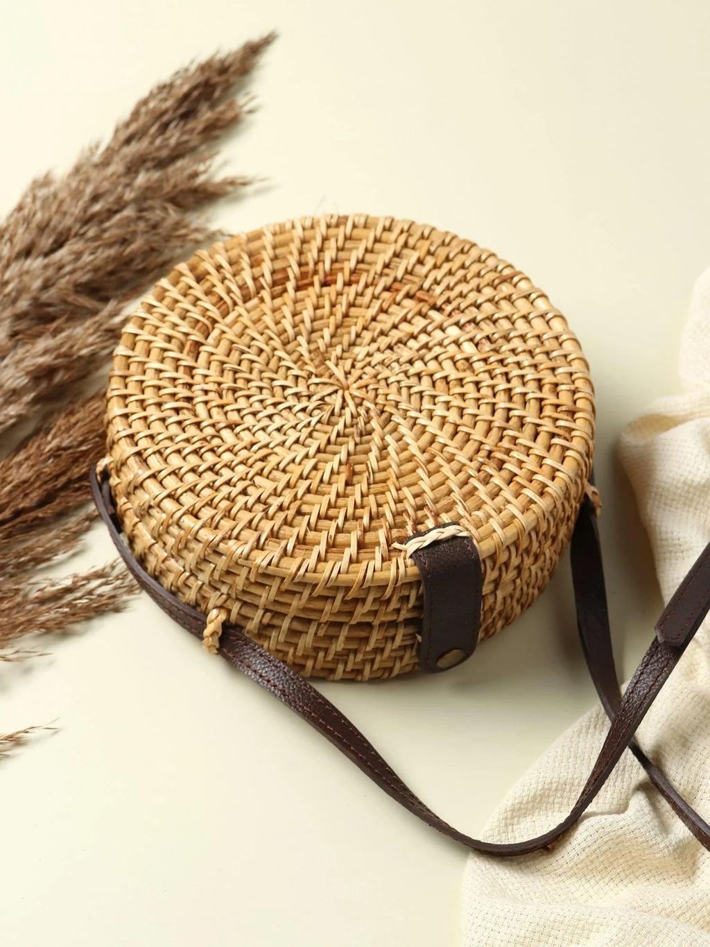 Handwoven Round Rattan Sling Bag for Boho Chic, Travel, and Everyday Style