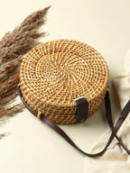 Handwoven Round Rattan Sling Bag for Boho Chic, Travel, and Everyday Style