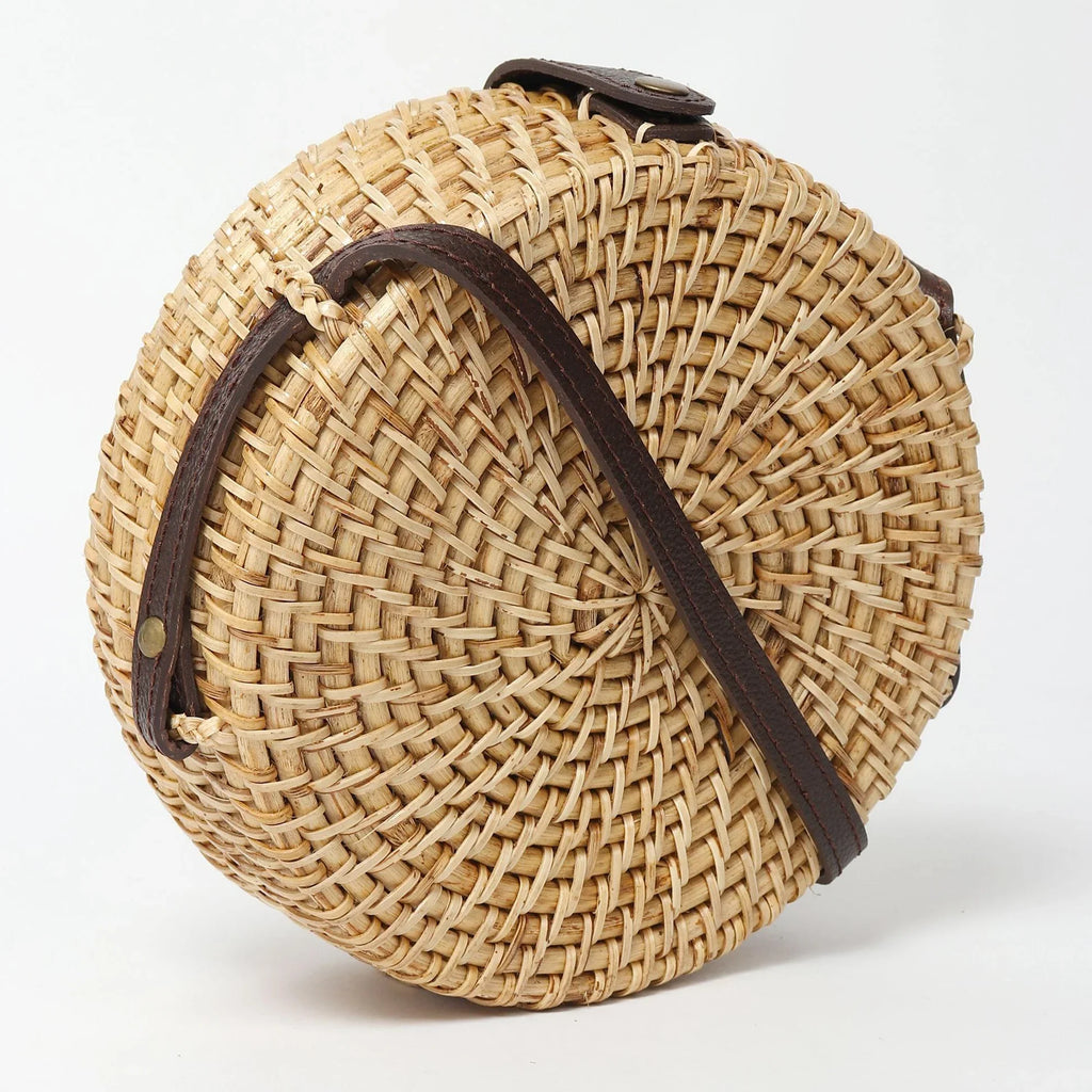 Handwoven Round Rattan Sling Bag for Boho Chic, Travel, and Everyday Style