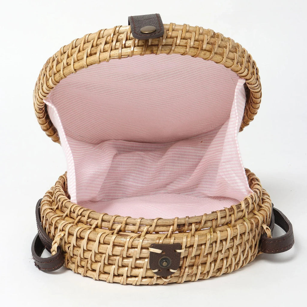 Handwoven Round Rattan Sling Bag for Boho Chic, Travel, and Everyday Style