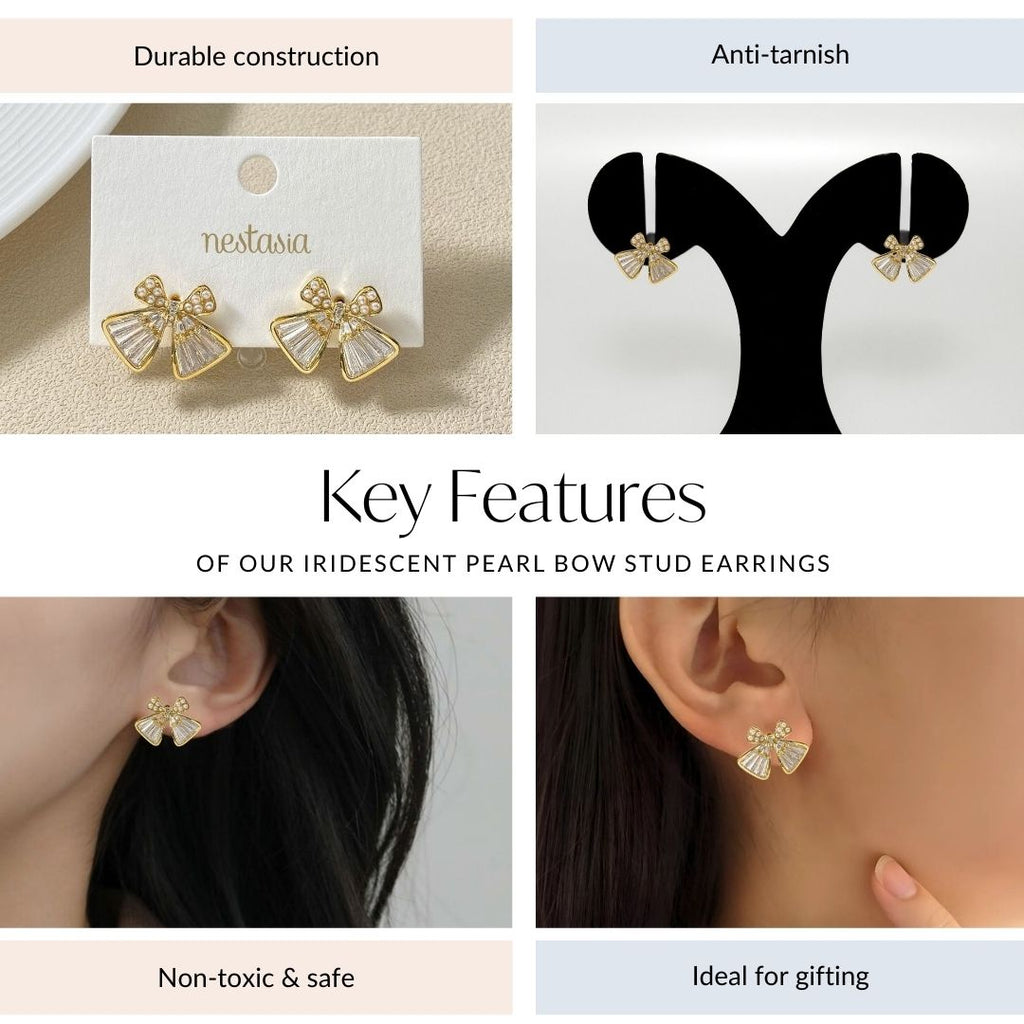 Iridescent Pearl Bow Stud Earrings Nestasia