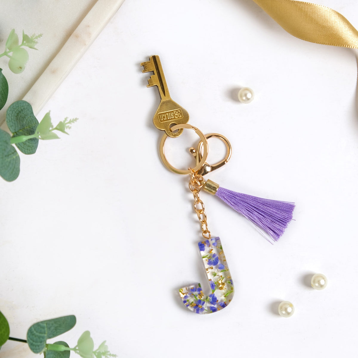 Botanical Harmony Letter J Resin Art Keychain Nestasia