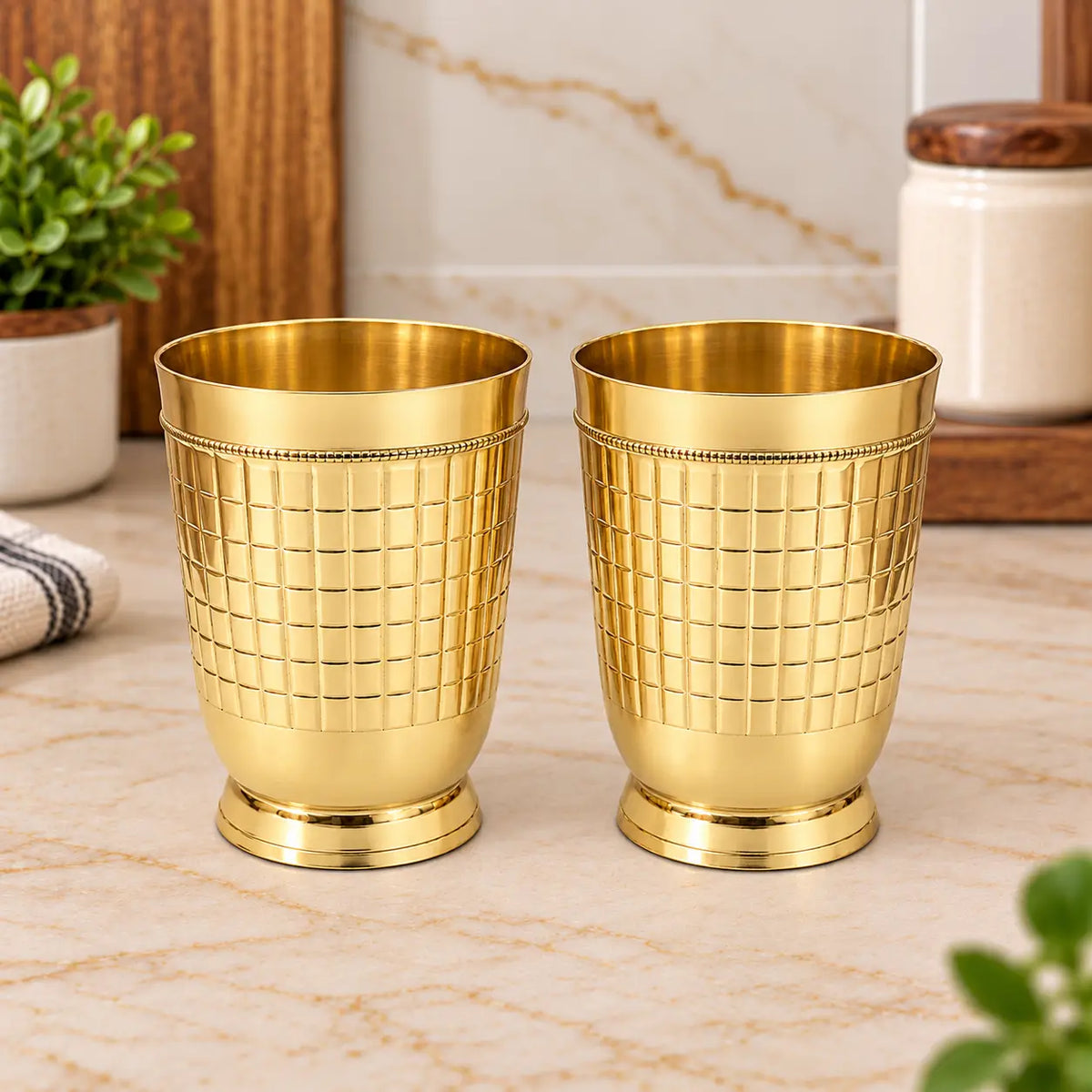 Brass Brick Design Glass Pair (3.9 Inch) Vedansh Craft