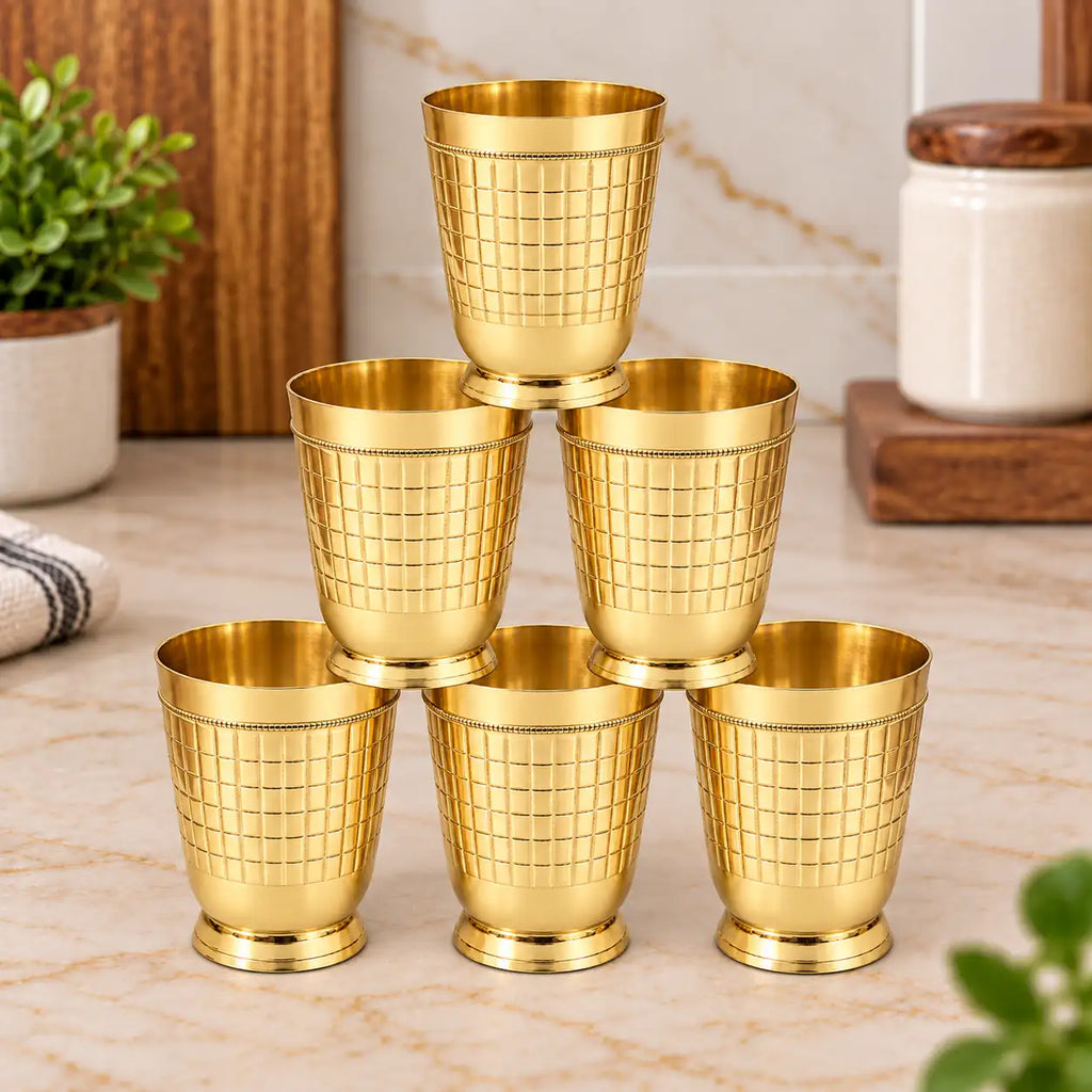Brass Brick Design Glass Pair (3.9 Inch) Vedansh Craft