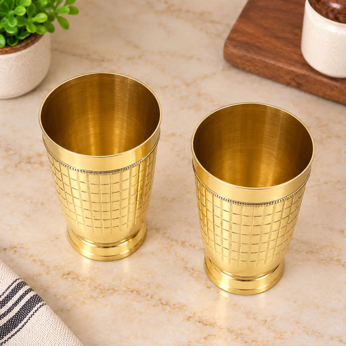 Brass Brick Design Glass Pair (3.9 Inch) Vedansh Craft