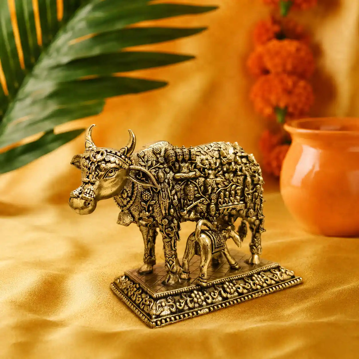 Brass Kamdhenu Cow with Calf Engraved Gods and Goddesses Lightweight Idol (3.5 Inch) Vedansh Craft
