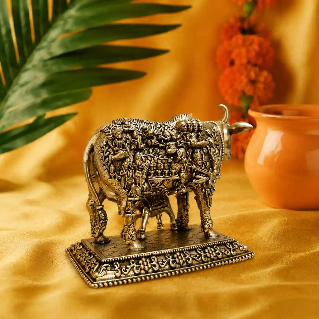 Brass Kamdhenu Cow with Calf Engraved Gods and Goddesses Lightweight Idol (3.5 Inch) Vedansh Craft