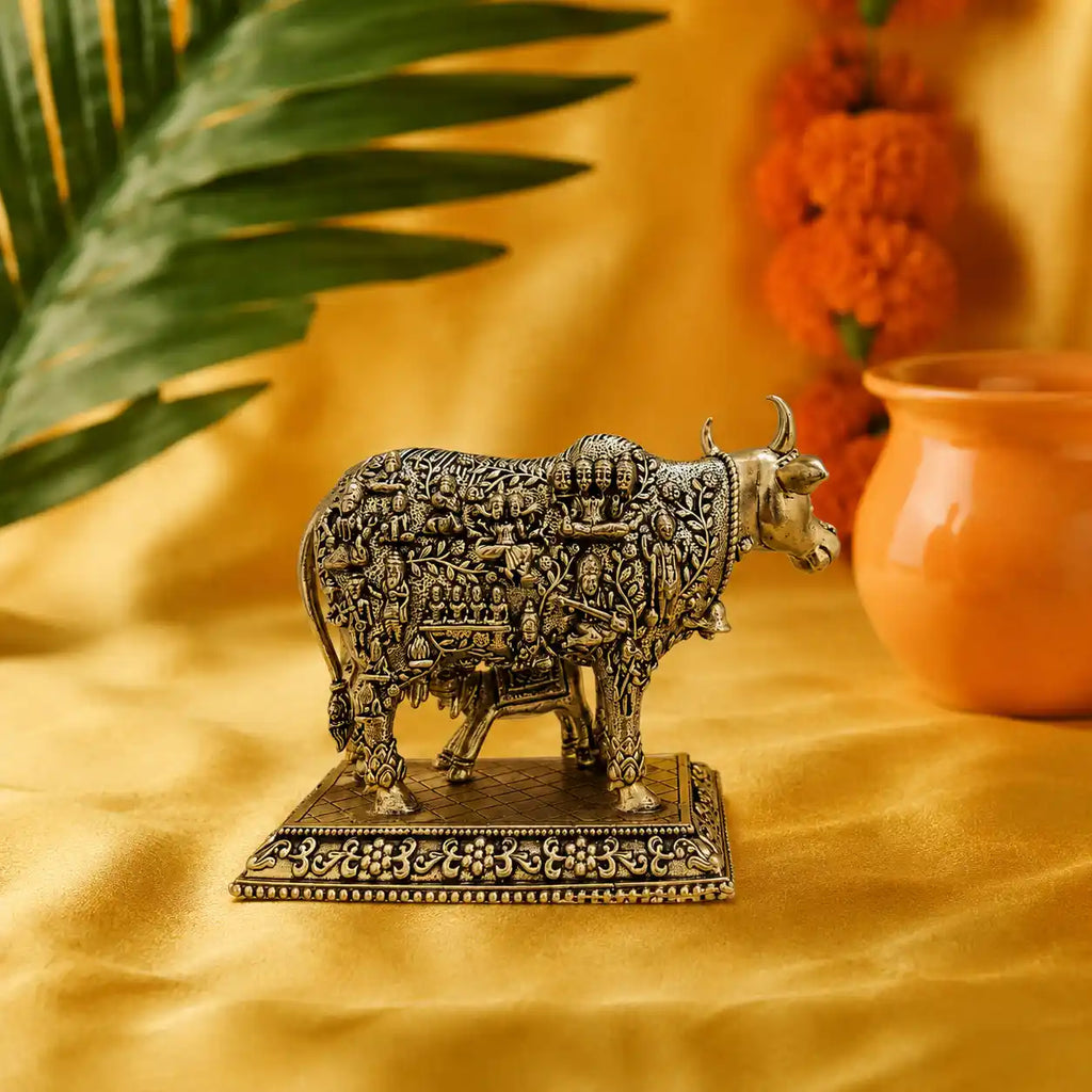 Brass Kamdhenu Cow with Calf Engraved Gods and Goddesses Lightweight Idol (3.5 Inch) Vedansh Craft